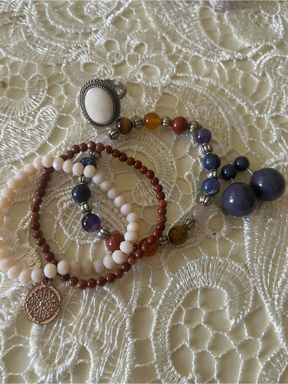 Multi-Bead Gemstone Bracelet Set with Earrings, Quartz Neckalce and Ring.